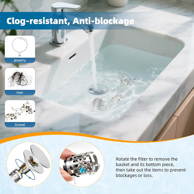 Hibbent 2 Pack Upgraded 3 in 1 Bathroom Sink Drain Strainer, Pop Up Sink Stopper with Big Push Cap, Anti-Clogging Metal Filter Basket,Sink Plug with Hair Catcher for 1.1''~2.36'' Basin, Chrome