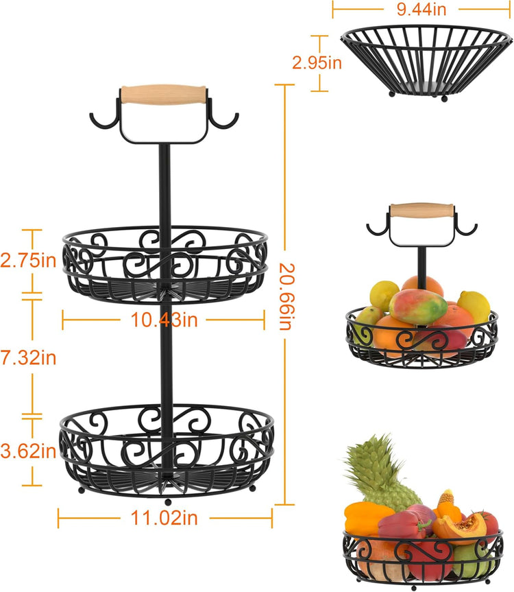 2-Tier ๐
๐ซ๐ฎ๐ข๐ญ ๐๐๐ฌ๐ค๐๐ญ and Fruit Bowl - Fruit and Vegetable Storage with Banana Tree Hanger and Wood Handle, Fruit Basket for Kitchen Counter, for Bread Onions Potatoes Veggies Produce