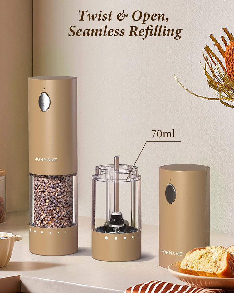 Electric Salt and Pepper Grinder Set - Automatic Refillable Salt and Pepper Grinders with Charging Base & LED Light, 6-Level Adjustable Coarseness with External Dial, Ideal Kitchen Gadget๏ผBrown