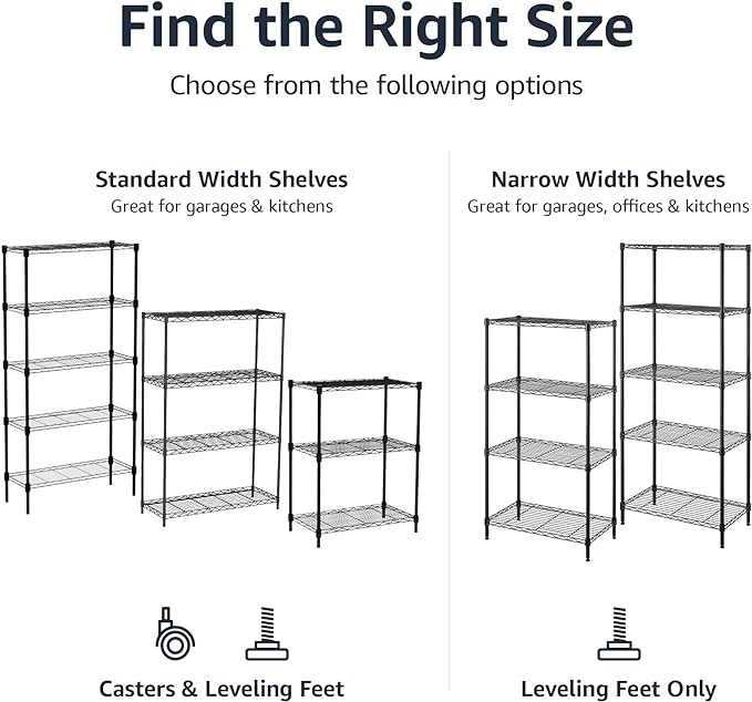 Amazon Basics 5-Shelf Heavy Duty Garage Shelving Storage Rack with 4" Wheel Casters, Adjustable Metal Wire Organizer, 300 lbs Per Shelf, 30" x 14" x 64.75", Black