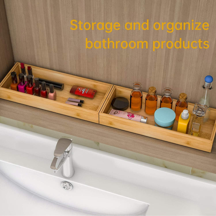 Drawer Organizer Storage Box Kitchen - Wood Stackable Tray Utensil Organizer for Office Drawers,Cabinets,Shelves,Pantry,or Bathroom Counter,Drawer Dividers for Silverware Set of 2(15x6x2.5inch)