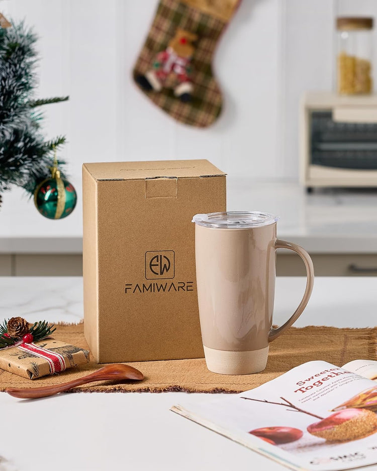 famiware Milkyway Coffee Mugs, 20oz Large Coffee Mug, Ceramic Mug Set of 2 with Lid, Cup Set with Handle for Latte, Tea, Cocoa, Milk, Home & Office, Cinnamon Brown and Light Gray