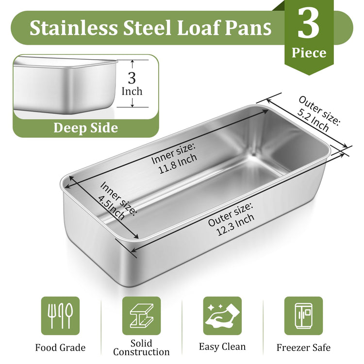 Loaf Pan 12 x 5 Inch Stainless Steel Loaf Pans for Baking Bread (3 Count)