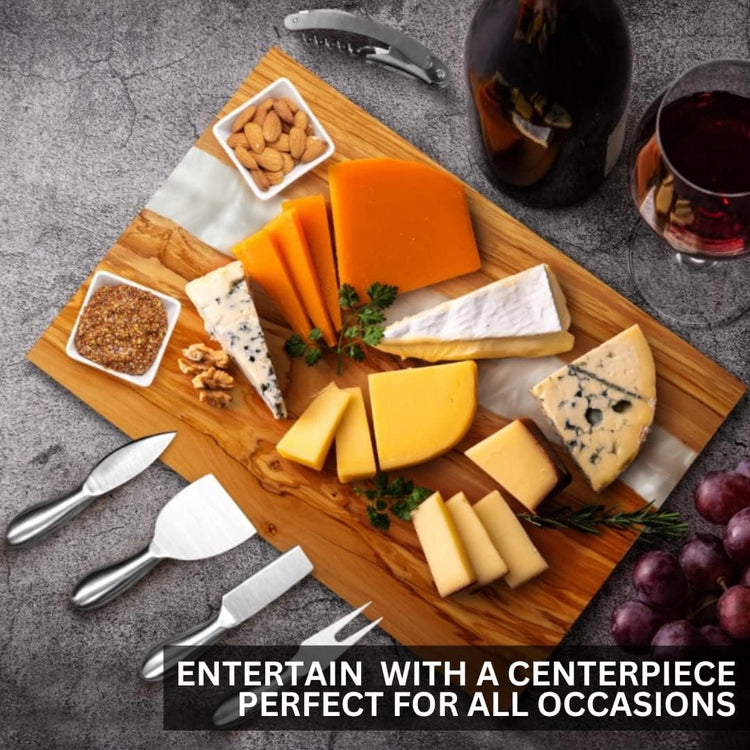Handcrafted Italian Olive Wood Cheese & Charcuterie Board Set with Unique White Pearl Resin Artwork - Cutting Board Comes with 4 Cheese Knives, 2 Dipping Bowls & Corkscrew Wine Opener (White Pearl)