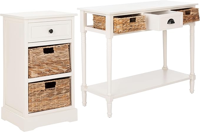 SAFAVIEH Home Collection Carrie Distressed Cream/ Natural Wicker 3-Drawer Storage Nightstand Side Table (Fully Assembled)