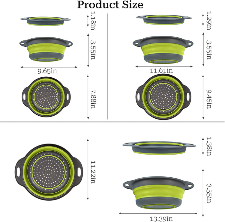 Collapsible Colander 3-Pack Set Space-Saving Foldable Kitchen Strainer with Non-Slip Base Durable Thickened PP+TPE Collapsible Strainers for Pasta, Vegetables, Fruits (Gray-Green)