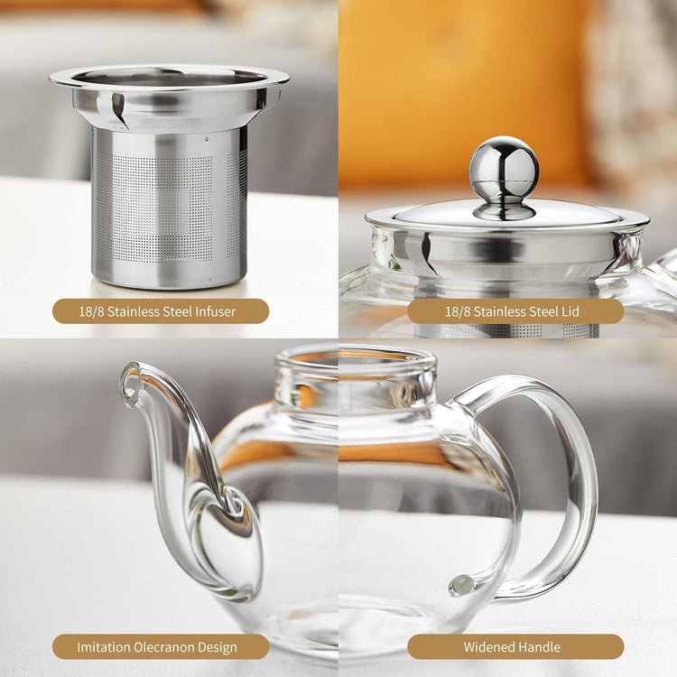 Glass Teapot with Removable Infuser, 27 oz/800ml Glass Tea Pot Small Borosilicate Glass Tea Steeper Kettle with Loose Leaf Tea Strainer For Flower Blooming Tea, ClearTea Maker Pitcher