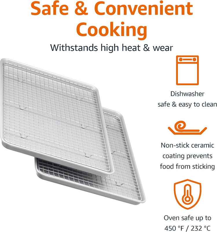 Amazon Basics Ceramic Nonstick Baking Sheets & Cooling Rack Set, Non-Toxic, Half Sheet Size, 2-Pack, Gray
