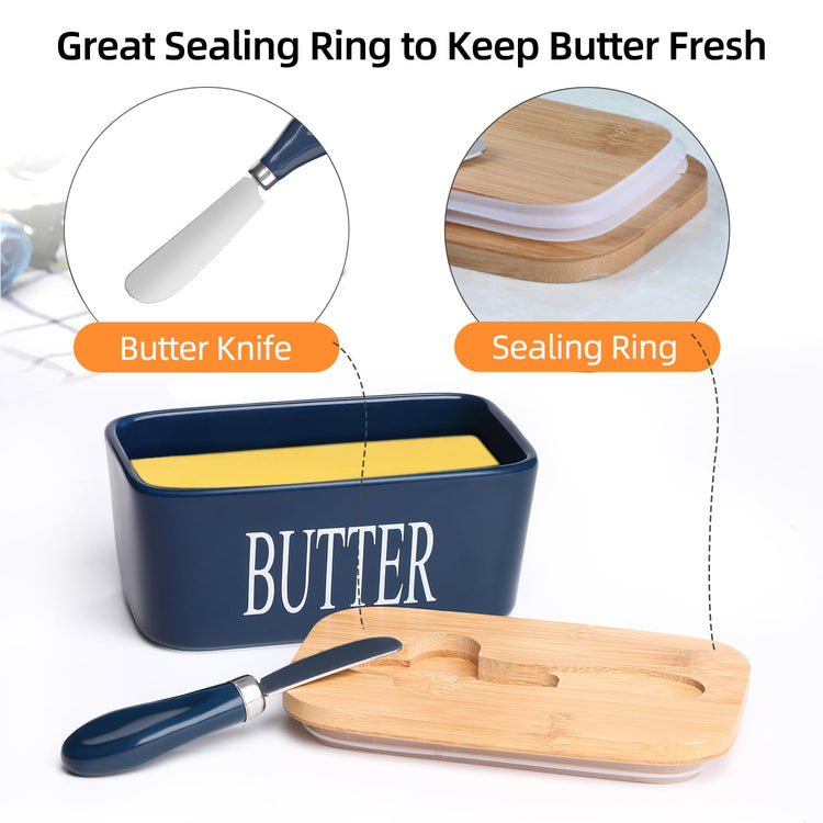 Ceramic Butter Dish with Bamboo Lid and Stainless Steel Knife Spreader