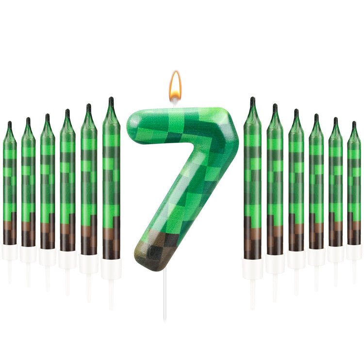 13 Pcs Dynamite Themed Birthday Cake Candles & Number 7 Candle Topper for Pixel Theme Birthday Party (13 Count)