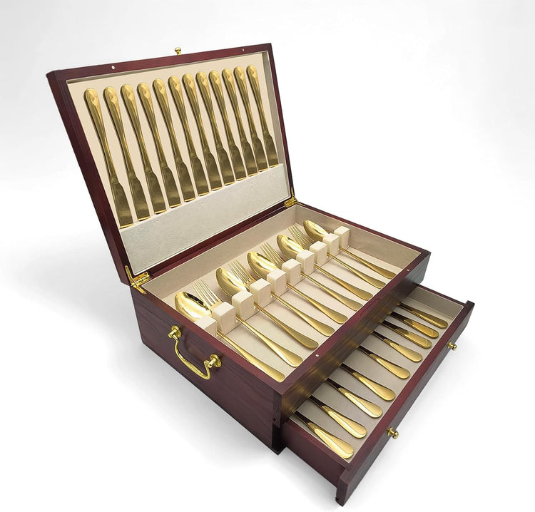 Silverware Storage Box, Kitchen Drawer Organizer, Drawer-containing flap-type storage box, Wood Chest, with Tarnish Proof Felt Lined, Storage Silver Chest for Kitchen (2 layer)