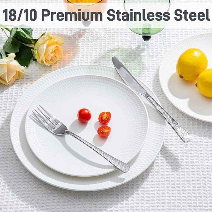 KINGSTONE 24-Piece Bone China Dinnerware Set with 40-Piece flatware, White Lightweight Porcelain Service for 8, for Family Dining, Restaurants, Gifting,Microwave and Dishwasher Safe