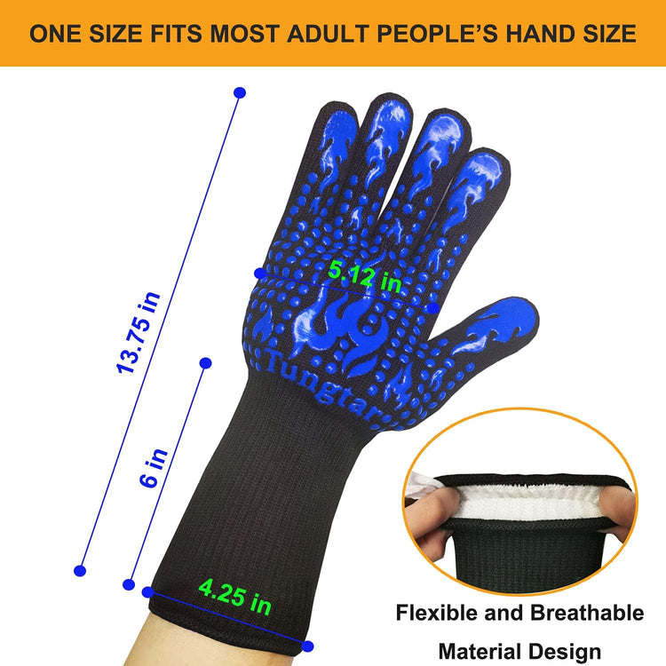 Oven Mitts Heat resistan BBQ Heat Proof Glove 1472℉ 14Inch Grill Glove for Men BBQ Gloves Gift Set for Cooking, Oven,Grilling, Baking, Welding (Long Cuff, Blue)