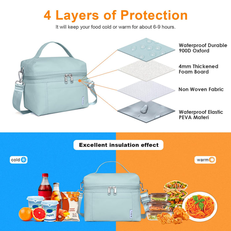 NOL Insulated Lunch Bags for Women Cooler Bag Lightweight Nylon Waterproof Lunch Box for Work Small Light Blue 4L