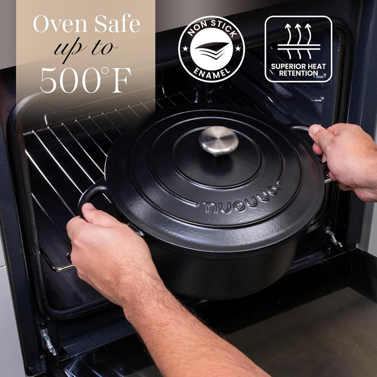 Nuovva Enamelled Cast Iron Dutch Oven Pot with Lid – 6.4 Quart Non Stick Casserole Pot – Heavy Duty & Oven Safe up to 500° F for Bread Baking, Braising, Stews, Roasting – 28cm Black - Nestoria