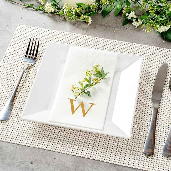 Luxenap 15.8 X 7.9 Inch Linen-Feel Guest Towels, 50 Lettered Hand Towels - Gold Letter 'W', Sans Serif Font, White Paper Dinner Napkins, airlaid, For Restrooms And Tables