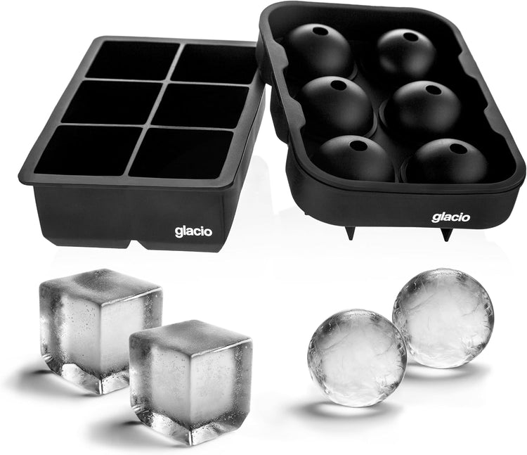 glacio Silicone Ice Cube Trays โ Large Silicone Molds for 2-Inch Ice Cubes and Spheres Whiskey Ice Cube Trays with Lids for Cocktails & Bourbon โ Set of 2