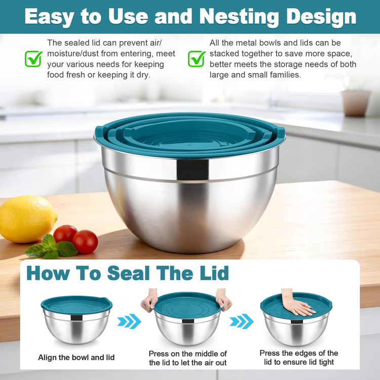 Mixing Bowls Stainless Steel Nesting Salad Bowls & Airtight Lids (3 Count)