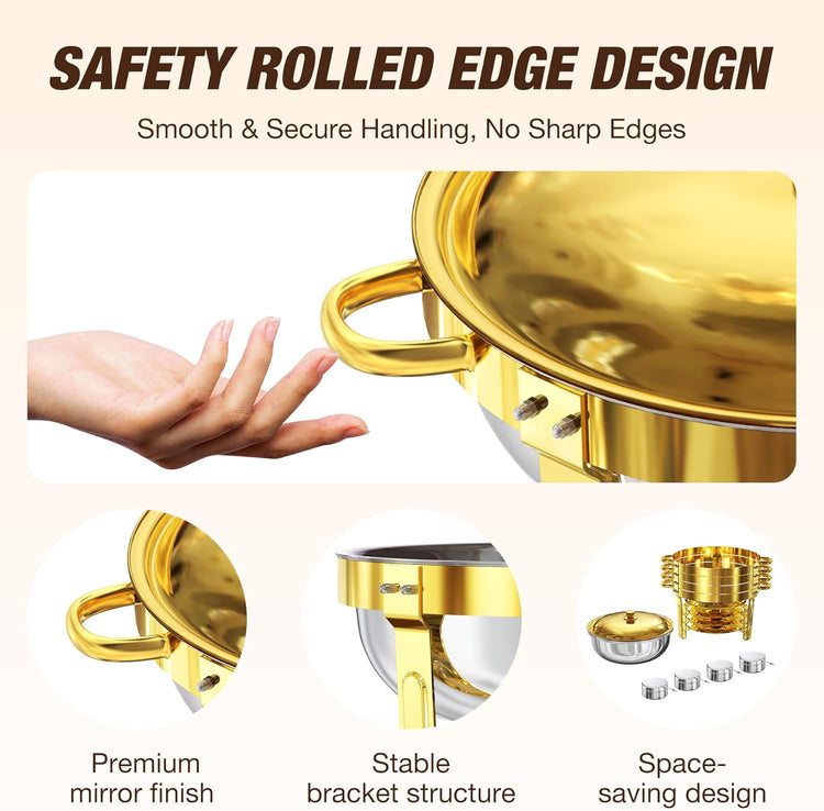 Gold Chafing Dishes for Buffet (5QT, 4 Pack), Round Chafers and Buffet Warmers Sets with Lid Holder, Food-Grade Stainless Steel, Rolled Edge Design, for Catering Events, Parties, Weddings