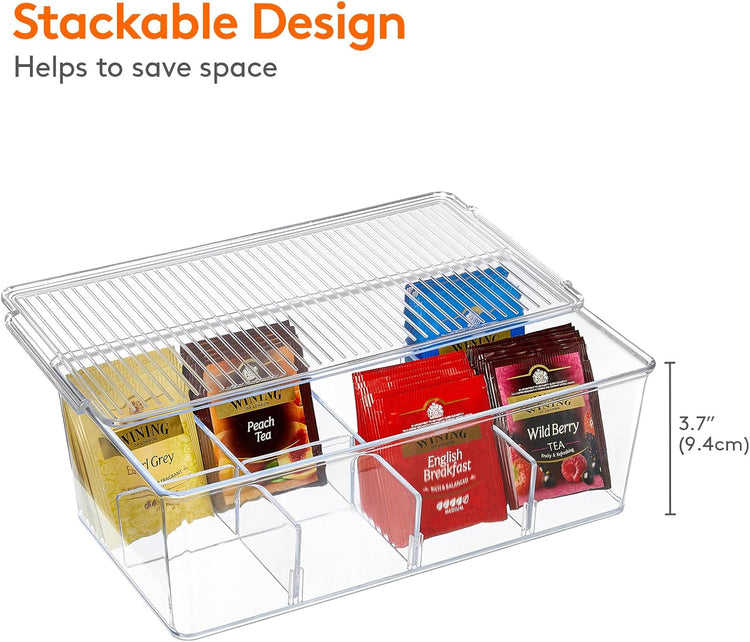Lifewit 4 Pack Plastic Stackable Tea Bag Organizer, Divided Storage Bin Box for Kitchen Cabinets, Countertops, Pantry, Hold Coffee Pods, Sugar Packets, Condiments, Each for 8 Sections