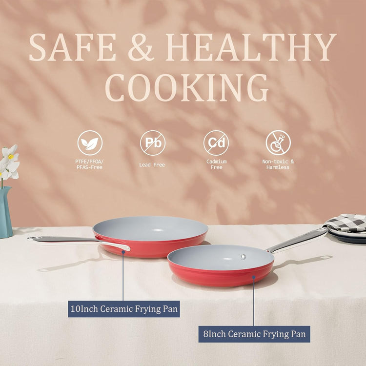 Nonstick Ceramic Frying Pan 8 Inch for Induction Cooktop - Non Toxic, PTFE/PFOA/PFAS Free, Oven & Dishwasher Safe up to 500ยฐF - Non Stick Egg Skillet with Stay-Cool Handle - Fusion Red