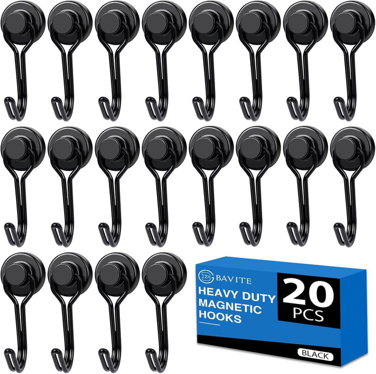 E BAVITE Swivel Swing Magnetic Hooks,30LB(20pack) Black Refrigerator Magnet Hook,Strong Neodymium Magnets Perfect for Refrigerator and Other Surfaces, 60mm(2.36In) in Length