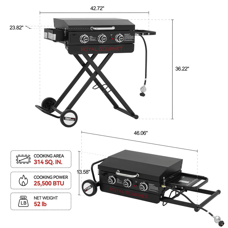 PD3001 3 Burner Propane Gas Griddle with Collapsible Stand