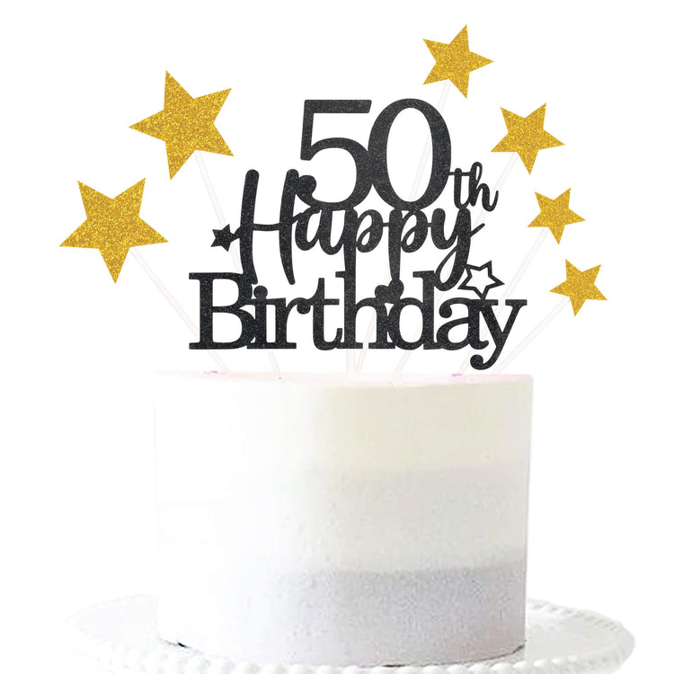 Black Gold 50th Birthday Cake Topper with Glittery Stars (7 Count)