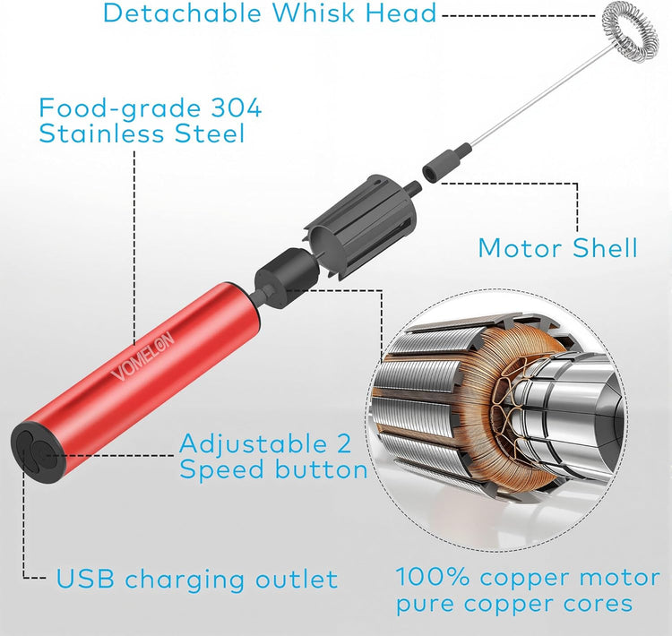 Milk Frother, Rechargeable Battery Operated Frother for Coffee,Portable Drink Mixer with 2 Stainless Steel Whisk Heads,Milk Foamer for Keto Coffee, Latte, Cappuccino, Hot Chocolate,Rube Red