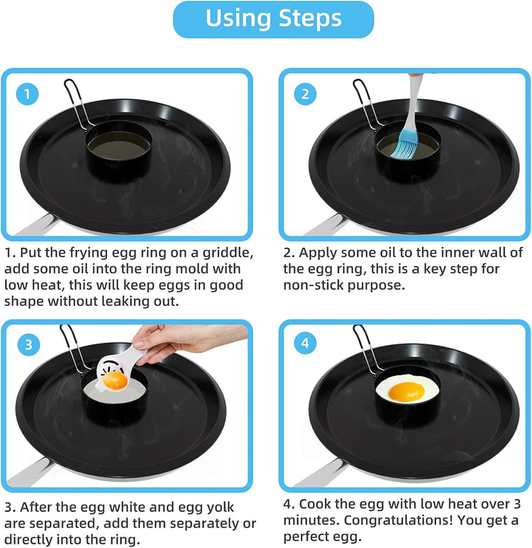 Stainless Steel Egg Rings for Frying Eggs(4 Pack) - 3.5" Round Non Stick Griddle Rings with Oil Brush, Egg Sandwich/Pancake/Cooking Molds, Breakfast Maker Accessories & Egg Separator