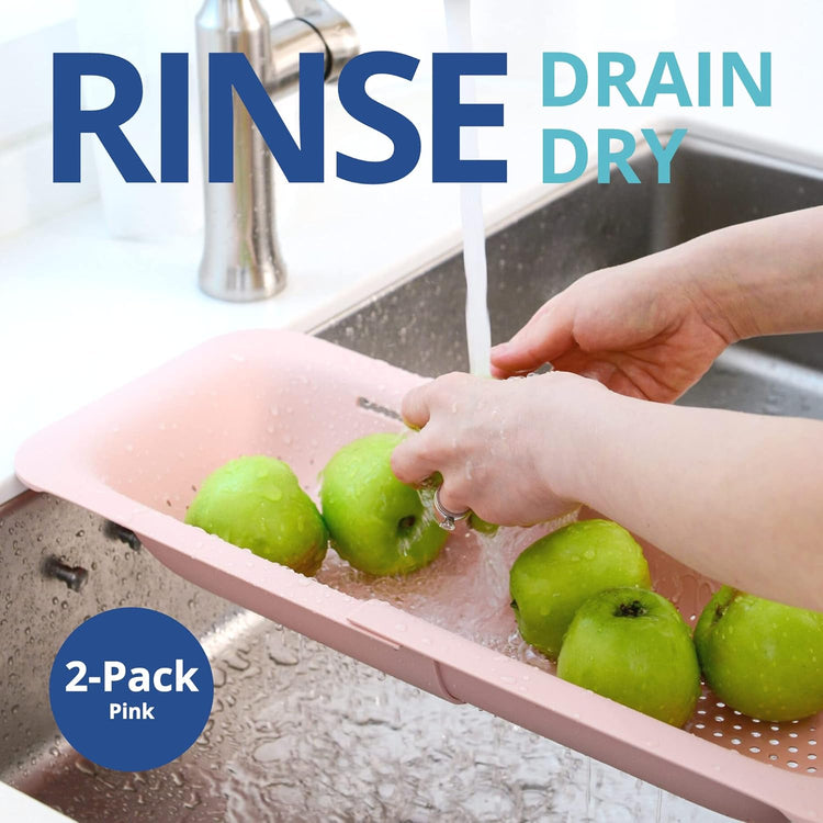 BLUE GINKGO Sink Colander Baskets - (Pack of 2) Wash Vegetables and Fruits, Drain Cooked Pasta and Dry Dishes - Extendable - New Home Kitchen Essentials (2 Pink)