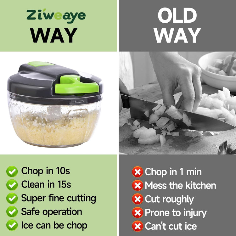 Manual Food Processor Vegetable Chopper, Portable Hand Pull String Garlic Mincer Onion Cutter for Veggies, Ginger, Fruits, Nuts, Herbs, etc., 500ml,(Gray-green)