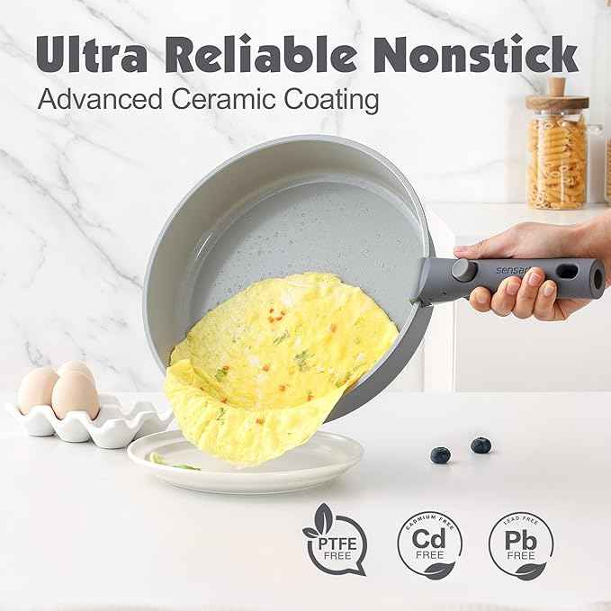 SENSARTE 24 Piece Ceramic Pots and Pans Set, Nonstick Detachable Handle Cookware, Induction Kitchen Cookware Set with Removable Handle, Healthy Non Stick for RV, Dishwasher&Oven Safe, PFOA Free (Gray)