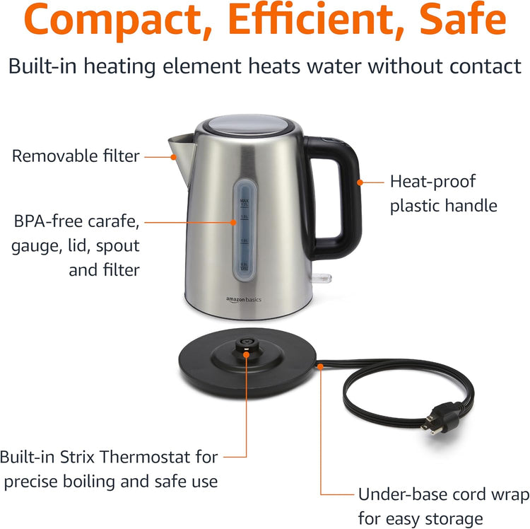 Amazon Basics Electric Stainless Steel Kettle for Tea and Coffee, BPA-Free, Fast Boiling, Auto Shut-Off, 1.8 Quarts, 1500W, Black and Silver