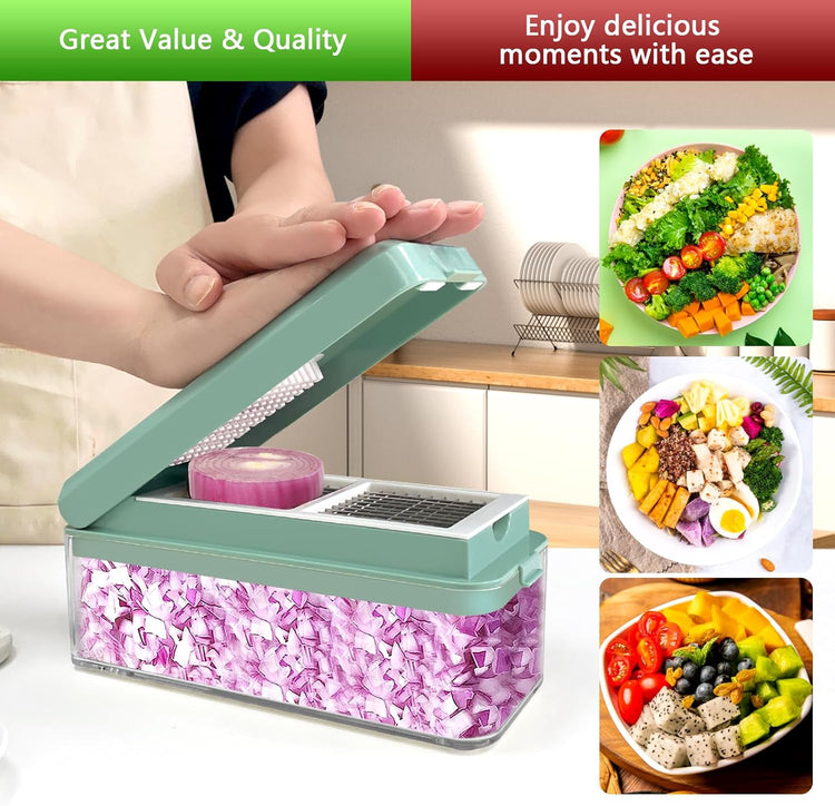 Vegetable Chopper, Onion Chopper Dicer, Mandoline Slicer, Food Chopper with Container, Vegetable Cutter for Salad Potato Carrot Garlic(10 Blades, Blue White)