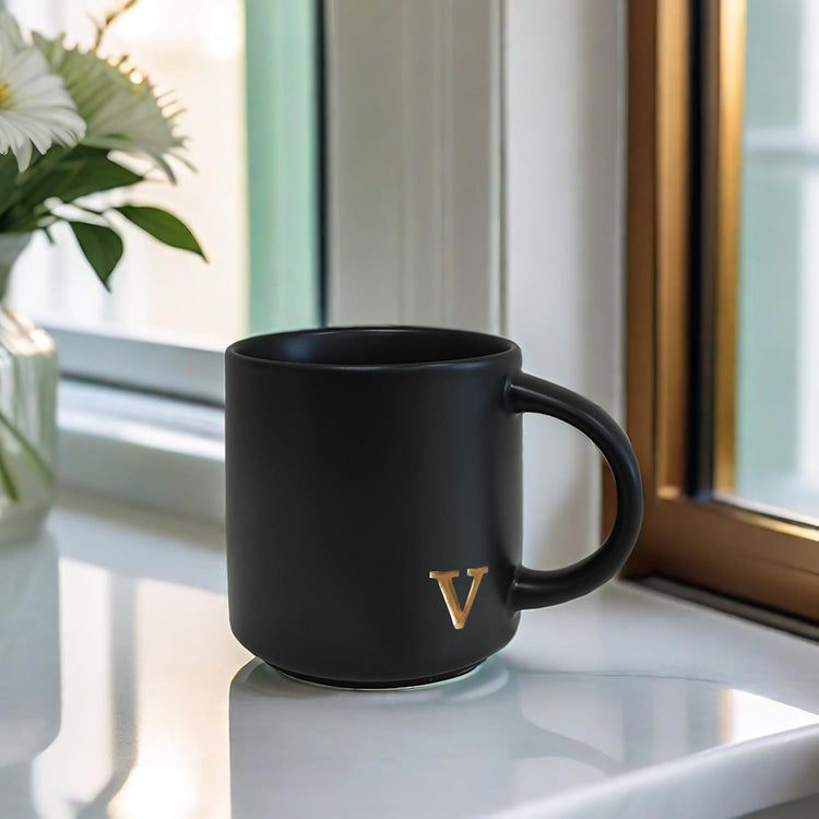 COLLECTIVE HOME - Black Monogram Ceramic Mugs, 15 oz Golden Initial Coffee Cups, Elegant Alphabet Tea Mugs, Personalized Halloween Mug with Gift Box, Perfect for Office and Home Décor (v)