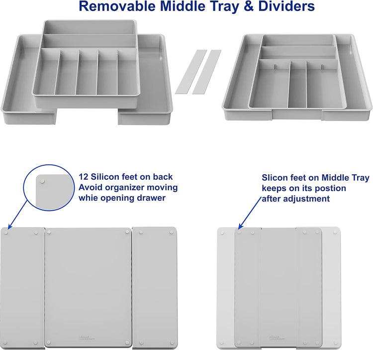 Simple Houseware Expandable Kitchen Drawer Flatware Organizer, Gray – Adjustable Cutlery Tray with 9 Compartments for Utensils and Silverware
