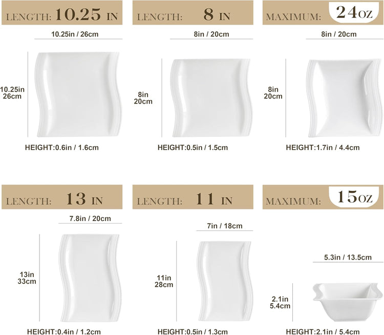 MALACASA Plates and Bowls Sets, 26 Pieces Ivory White Porcelain Dinnerware Sets without Mugs, Square Dinnerware with Dinner Plates, Bowls and Serving Platters, Modern Dish Set for 6, Series Flora