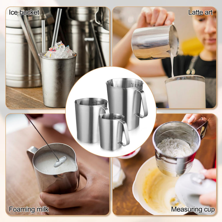 3 Pieces Stainless Steel Measuring Cups Metal Pitcher with Oz and ML marking Measuring Cup with Handle and Pour Lip