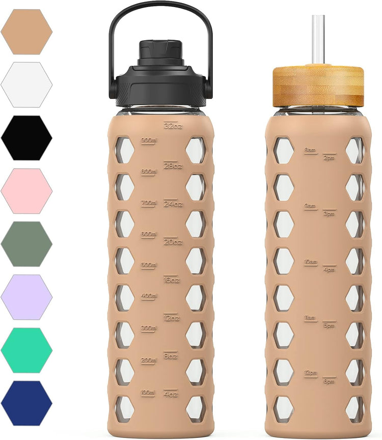 MUKOKO 32oz Glass Water Bottles with 2 Lids-Handle Spout Lid&Bamboo Straw Lid, Motivational Water Tumbler with Time Marker Reminder and Silicone Sleeve, Leakproof-Amber-1 Pack