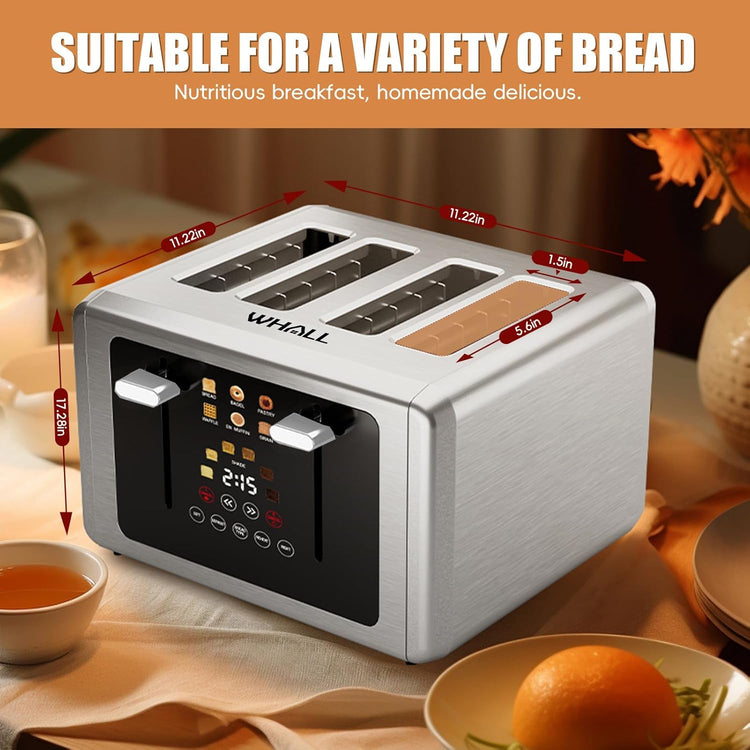 whall 4 Slice Touch Screen Toaster, Stainless Steel Toasters Digital Timer, Dual Control Panel Toasters,6 Shade Settings&6 Bread Types, Smart Wide Slots, Bagel, Cancel, Defrost,White