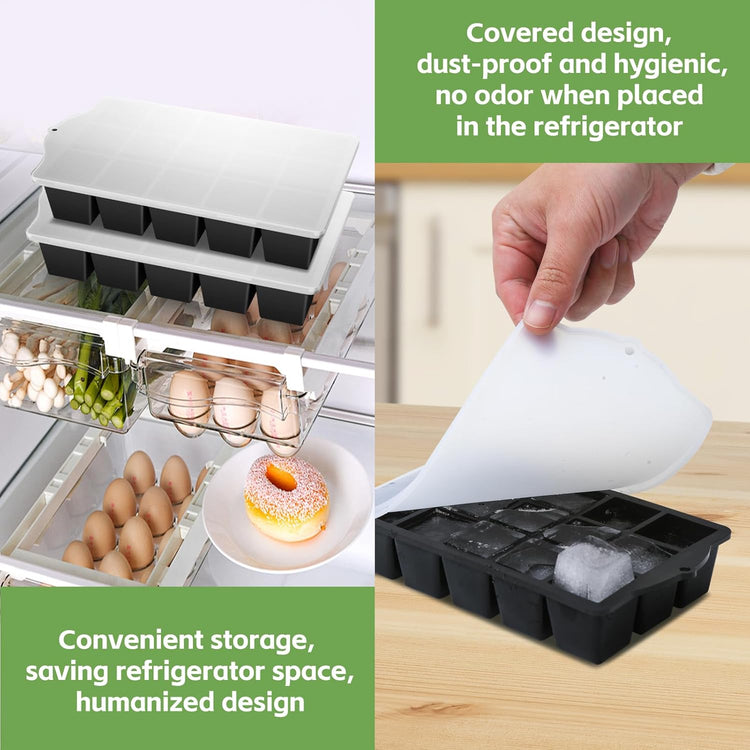 Silicone Ice Cube Tray, 2 Pack Easy-Release Stackable Ice Trays for Freezer with Lid 15 Reusable Cubes, Food Grade BPA Free Ice Molds for Whiskey, Baby Food, Coffee, Cocktail, Drinks (Black)