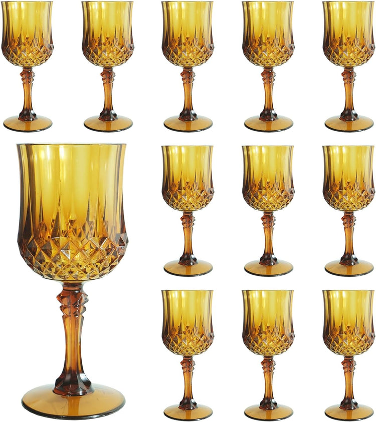 Plastic Wine Glasses,Plastic Goblets Vintage Style Cordial Drinking Glasses for Wedding Reception, Grand Event Party Supplies (12, Amber)