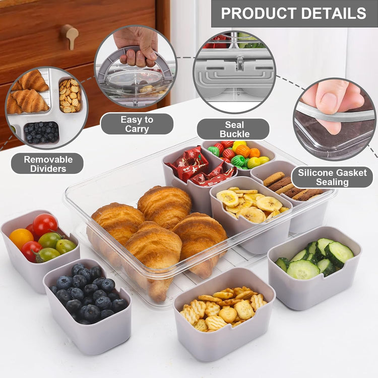 shopwithgreen Snackle Box Container, Divided Serving Tray with Lid and Handle for Party, Veggies, Fruit, Nuts, Food Tray Platter Charcuterie Snack Box Container for Entertaining, Picnic,Gray