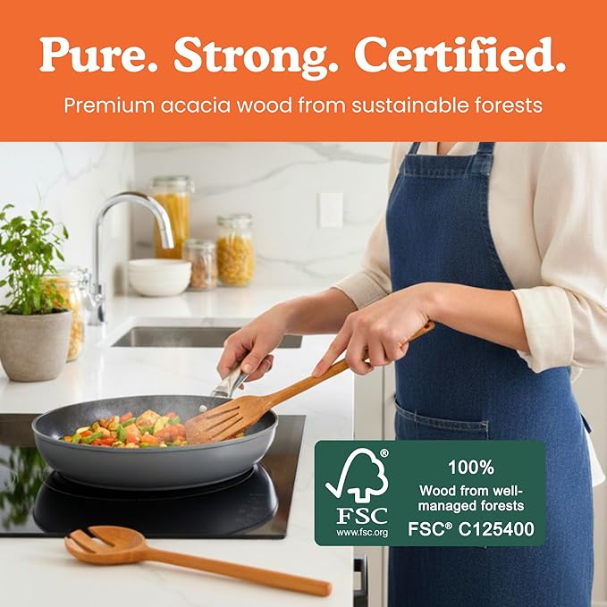 Non-Toxic Wooden Spoons for Cookingโ 7-Piece Kitchen Utensils Set, Glue-Free & One-Piece Cooking Utensils, Natural Wooden Utensil Set with Plant-Based Finish, Free of Forever Chemicals