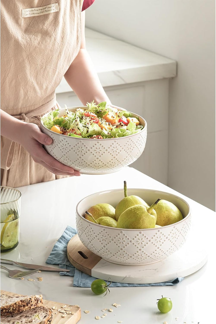 Large Serving Bowls, 8 inch 60 OZ Salad Bowls Set of 2, Ceramic Bowl Set for Salad,Ramen, Soup, Cereal and Entertaining, Farmhouse Decorative, Dishwasher & Microwave Safe, Off-White
