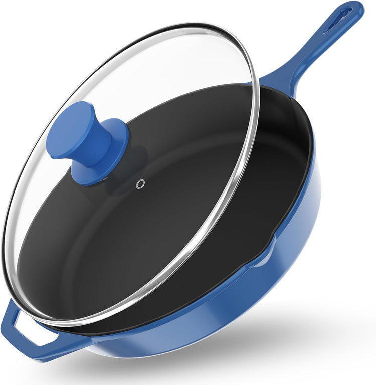 Utopia Kitchen Saute Frying Pan 12 Inch, Cast Iron Chefs Pan, Pre Seasoned Cast iron Skillet With Lid, Safe Grill Cookware for Indoor & Outdoor Use, Blue - Nestoria