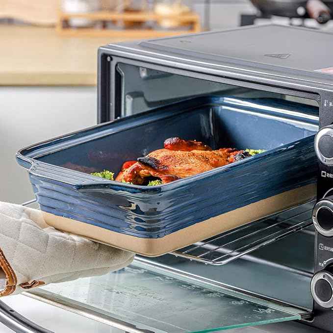 HVH Ceramic Casserole Dish with Lid Oven Safe, 3.5 Quart Large Casserole Dish, Covered Rectangular Casserole Dish Set, 9x13 Casserole Dish, Baking Dishes for Casseroles, Farmhouse Style (Blue)