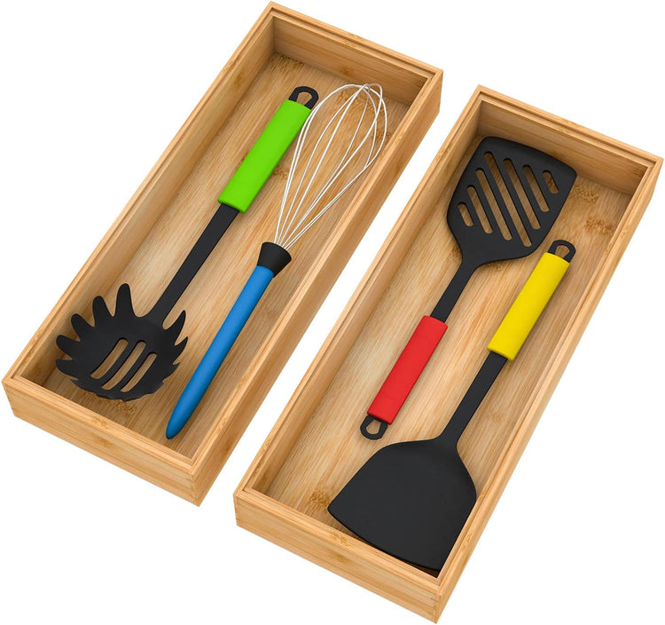 Drawer Organizer Storage Box Kitchen - Wood Stackable Tray Utensil Organizer for Office Drawers,Cabinets,Shelves,Pantry,or Bathroom Counter,Drawer Dividers for Silverware Set of 2(15x6x2.5inch)