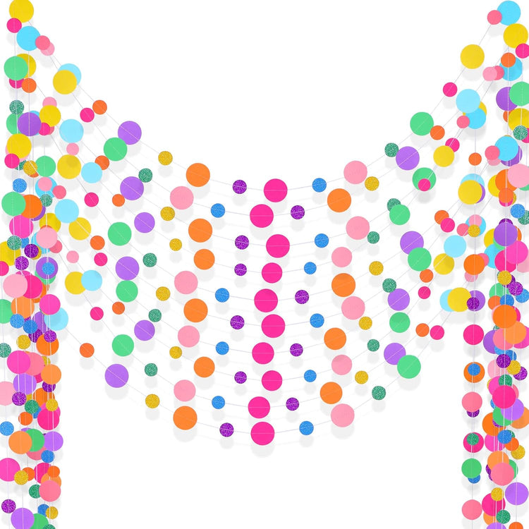 Outus 10 Pieces Colorful Dots Paper Garland Round Glitter Garland Hanging Confetti Streamers Backdrop Decoration for Birthday Classroom Candy Sprinkles Trunk or Treat Party (Rainbow)